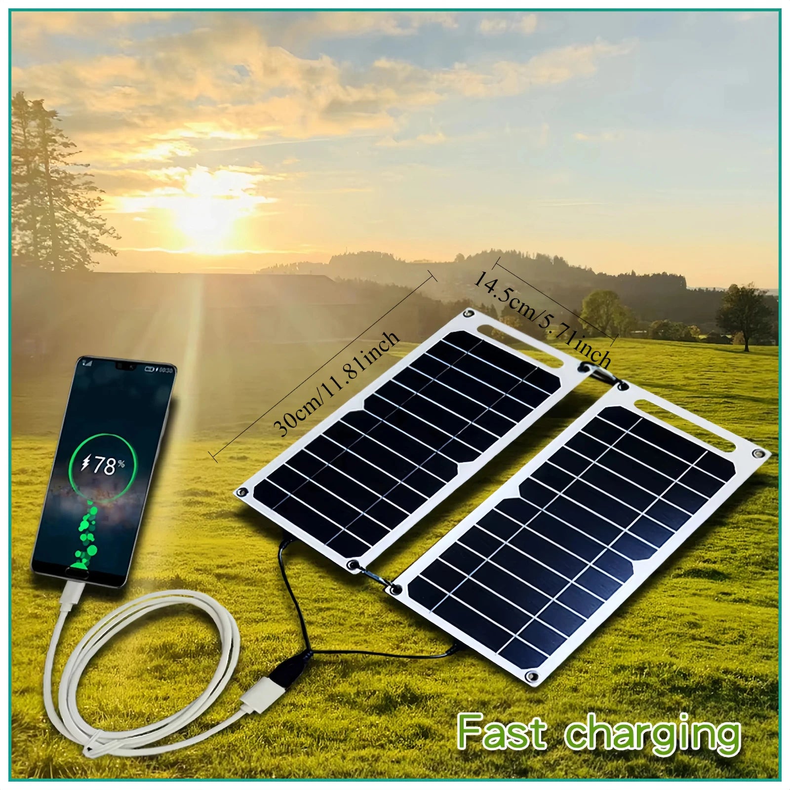 Solar panels charging a phone outdoors with a scenic background