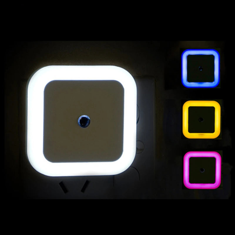 Light switch with illuminated square and color options on a dark background
