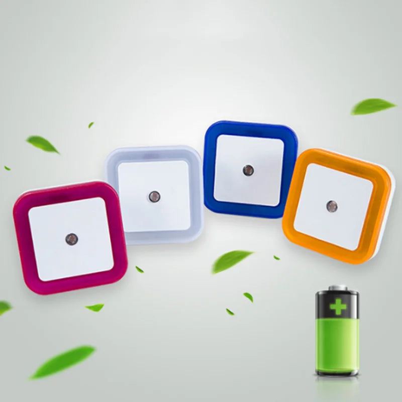 Four square light fixtures in different colors with a battery icon on a white background