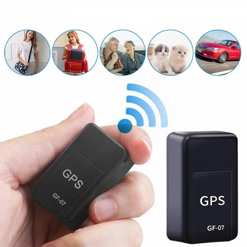 Small GPS tracker held in a hand with images of its use on people, pets, and vehicles above it.