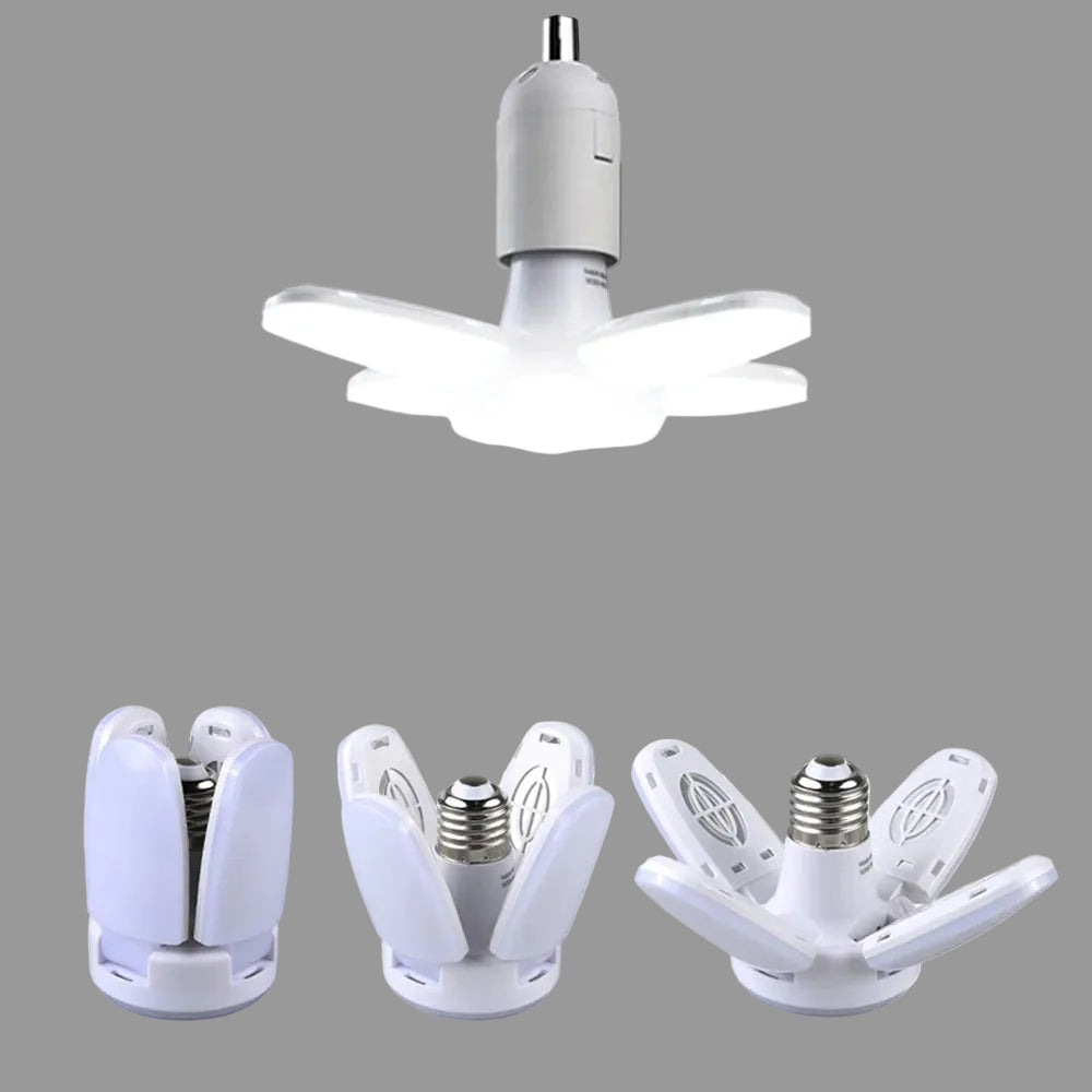 LED light bulb with three attachments on a dark background