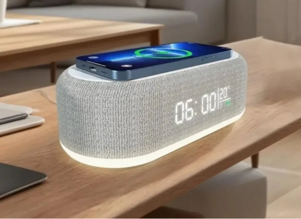 Multifunctional device on a table with text 'Upgrade Four in One' in a living room setting.