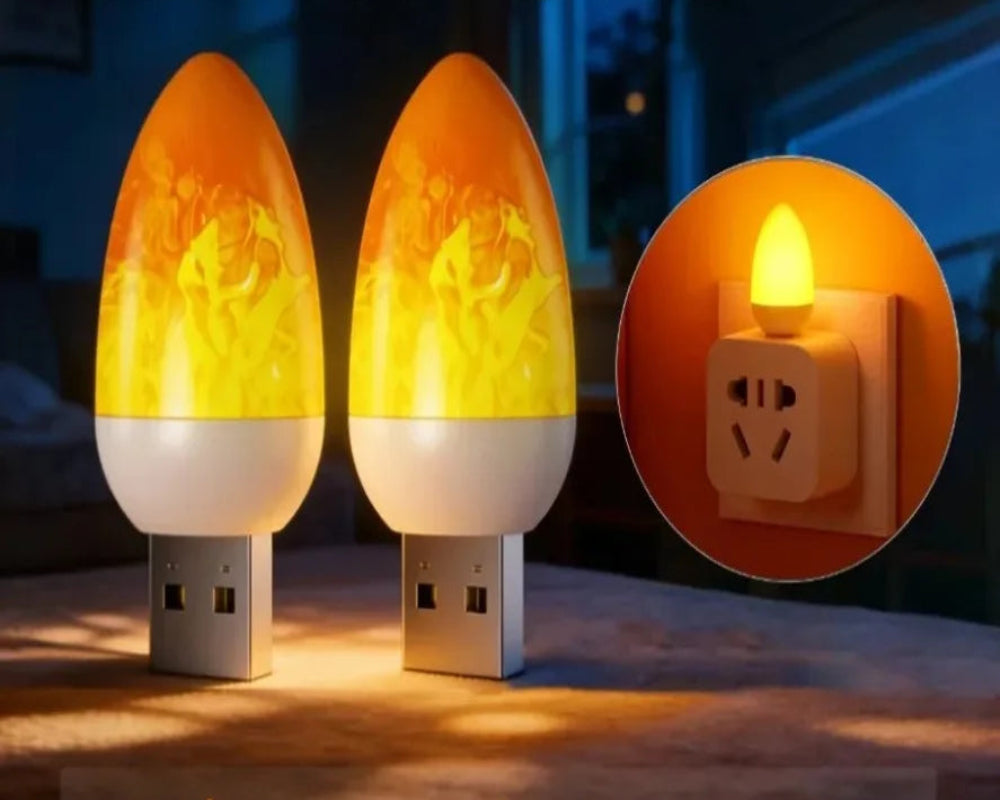 Two flame-shaped USB light bulbs with a power outlet plug-in illustration, set against a blurred indoor background.
