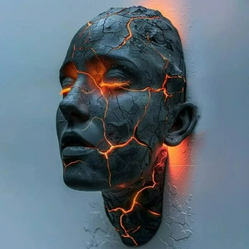 Decorative wall piece with a cracked surface and glowing orange cracks on a gray background