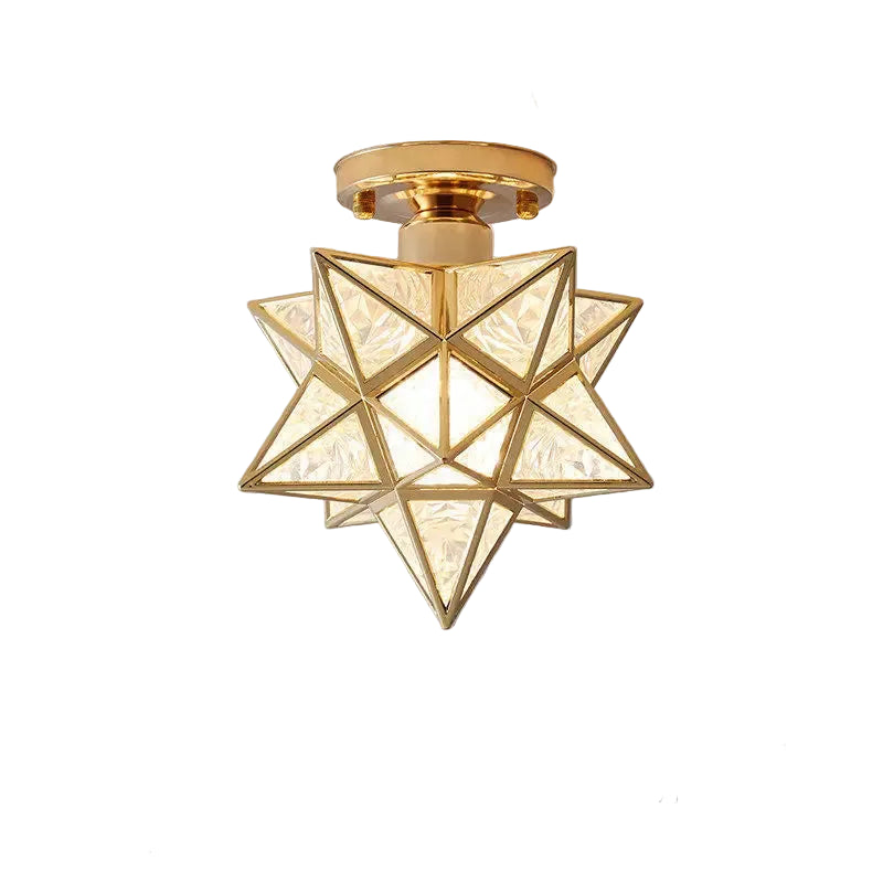 Gold ceiling light fixture with geometric design and measurements on a gray background