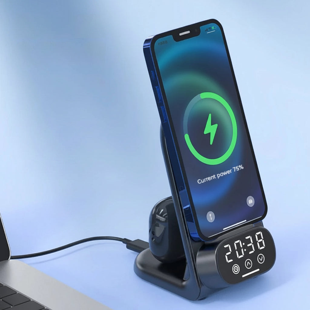 Wireless charging stand with smartphone displaying charging status on a blue background