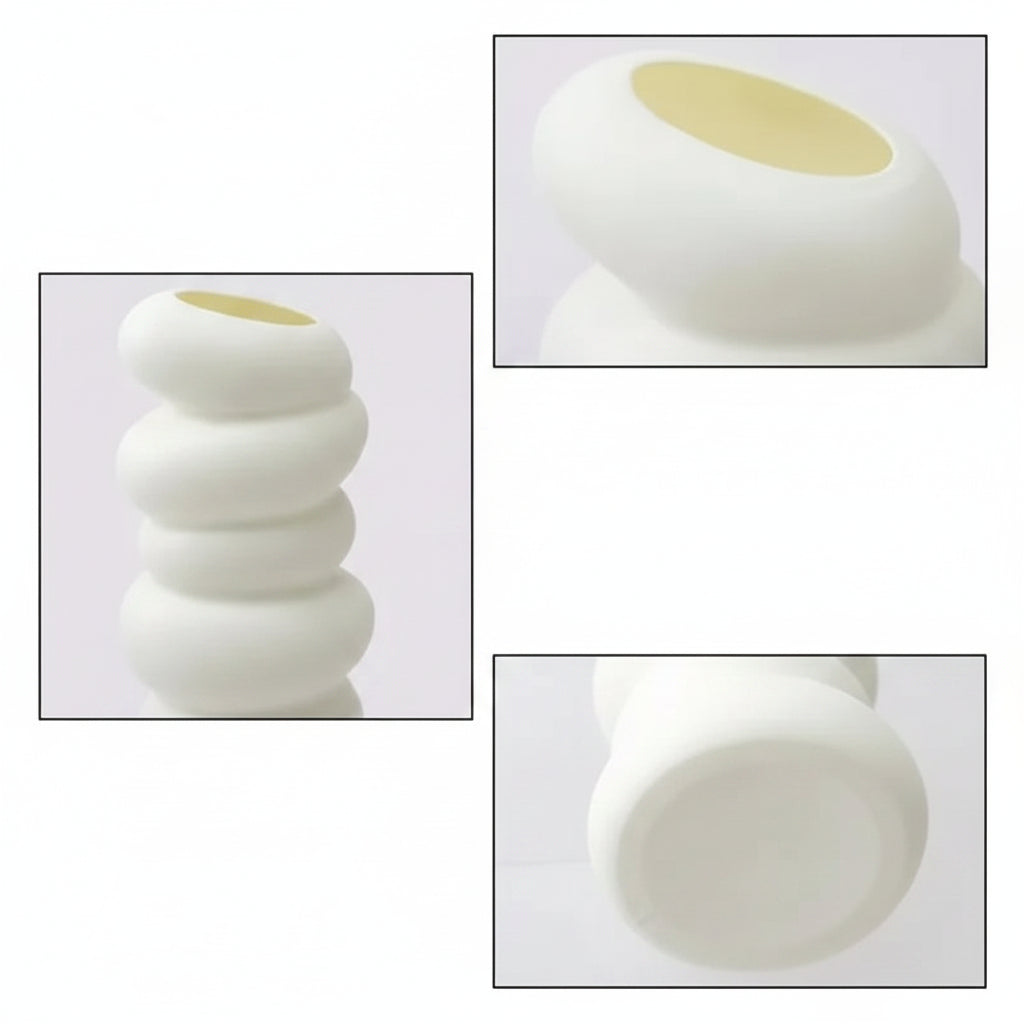 White spiral vase with text describing its material, shape, and size on a light gray background.