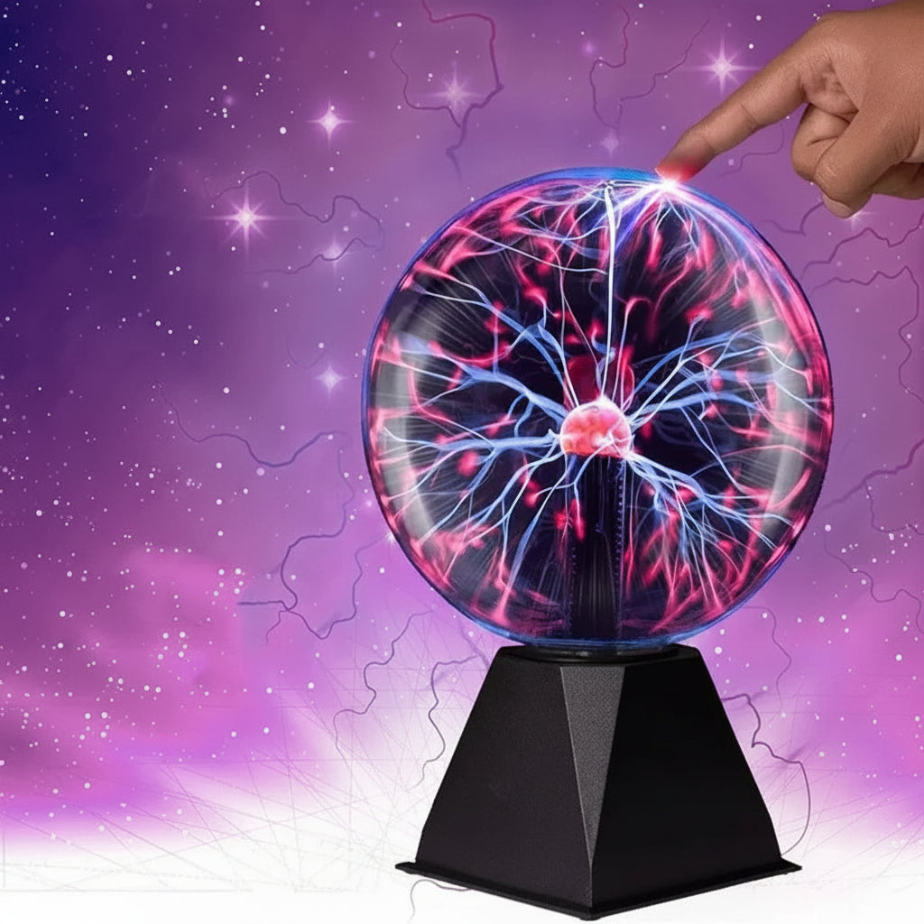 Plasma ball with a hand touching it against a purple background