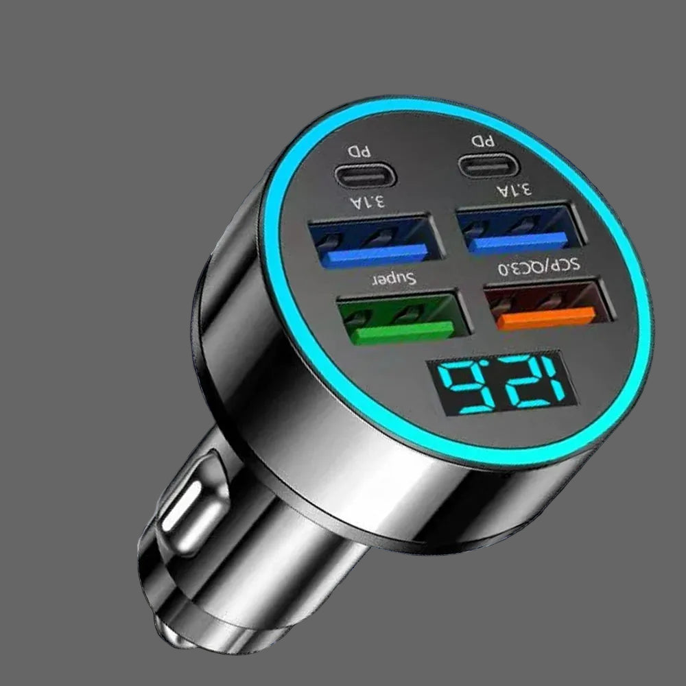 Multi-port USB car charger with digital display on a dark background