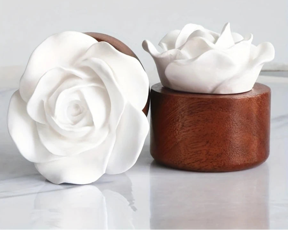 Aroma diffuser with white floral design on a wooden base, labeled 'Aroma Diffuser' on a light gray background.