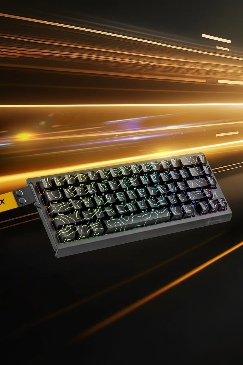 Mechanical keyboard with text highlighting ultra-low latency and sampling rate on a dynamic background