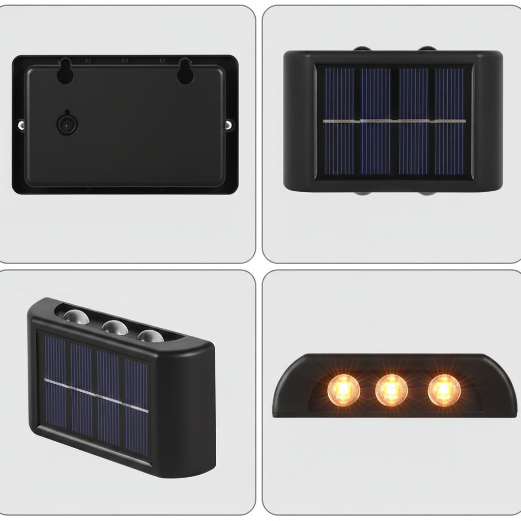Solar-powered outdoor light with one-touch switch and polysilicon solar panel on a white background.