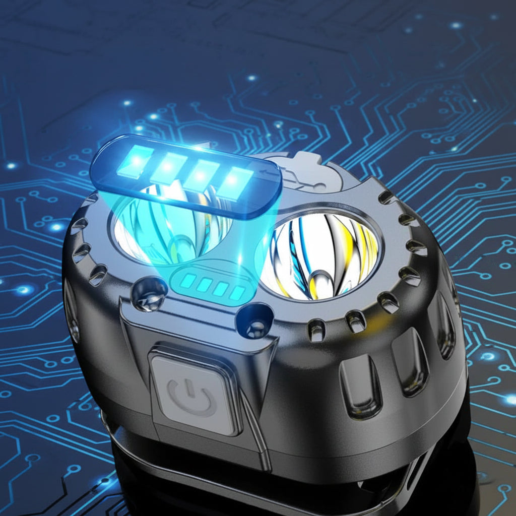 High-tech device with power display on a blue circuit board background