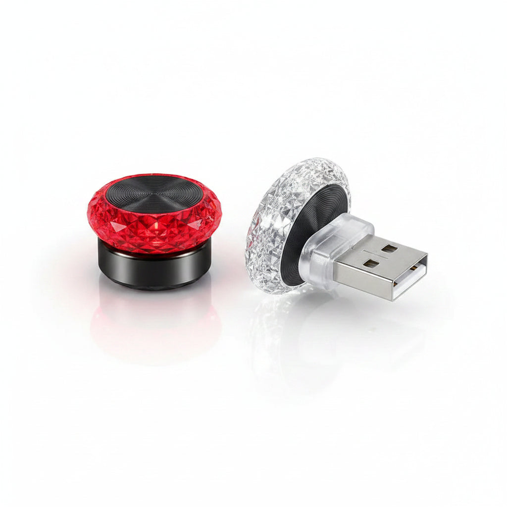 Two USB lights, one red and one clear, on a reflective surface with text about compatibility.