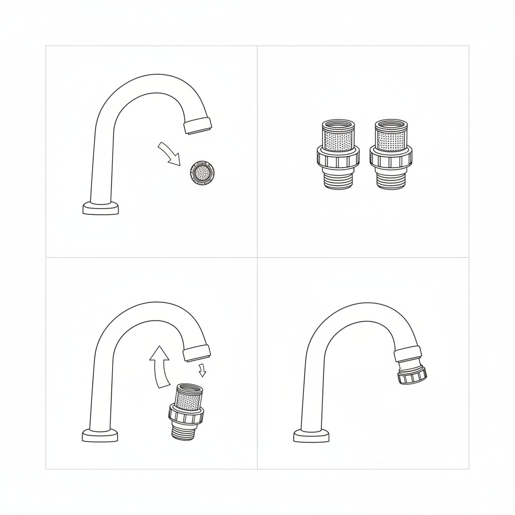 Step-by-step guide for installing a faucet with illustrations and text on a white background.