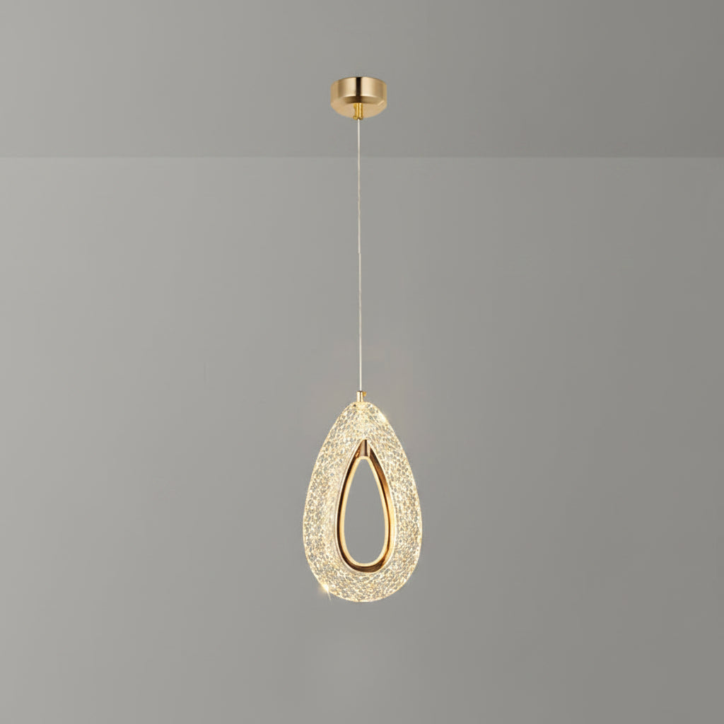 Gold pendant light with measurements on a black background