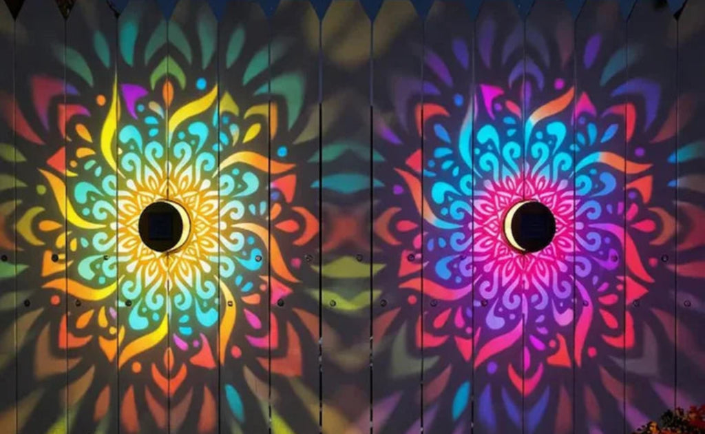 Solar-powered outdoor lights with colorful designs and weather icons above them.