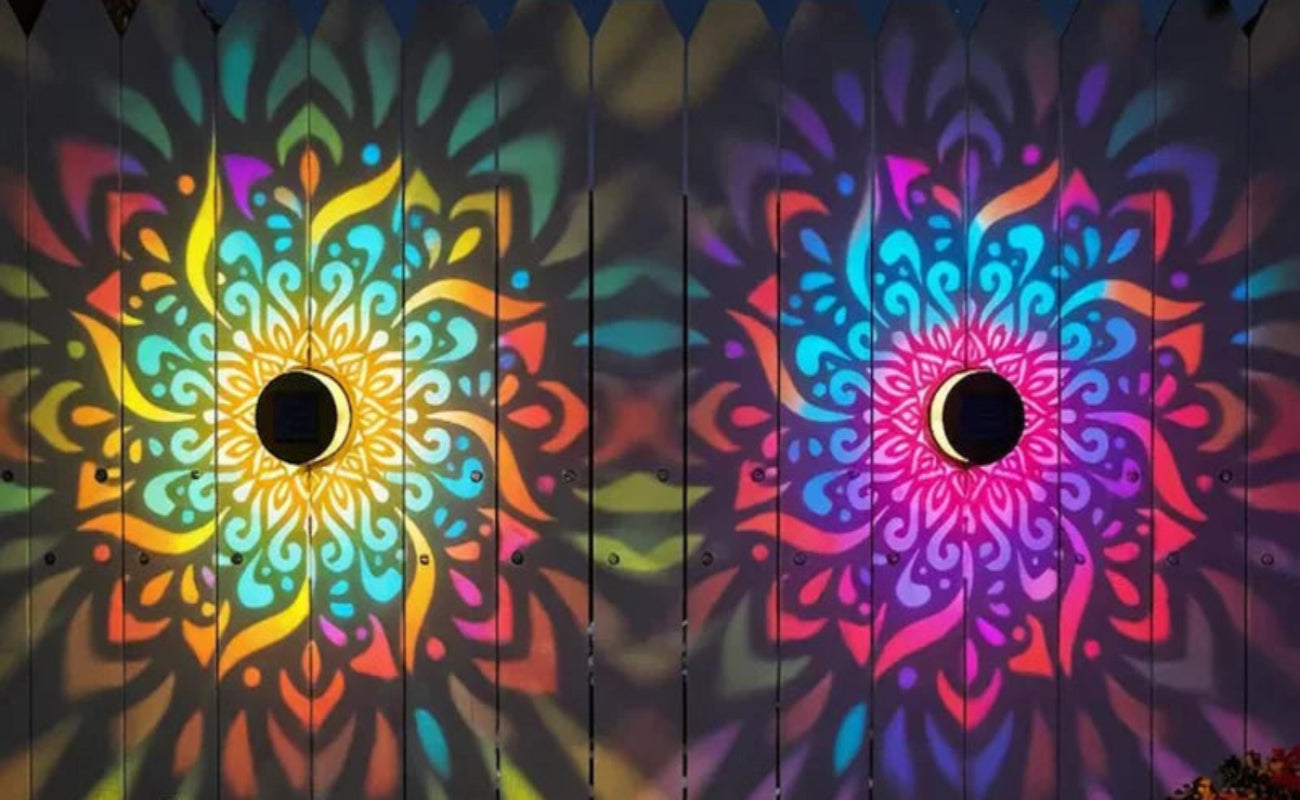 Solar-powered outdoor lights with colorful designs and weather icons above them.