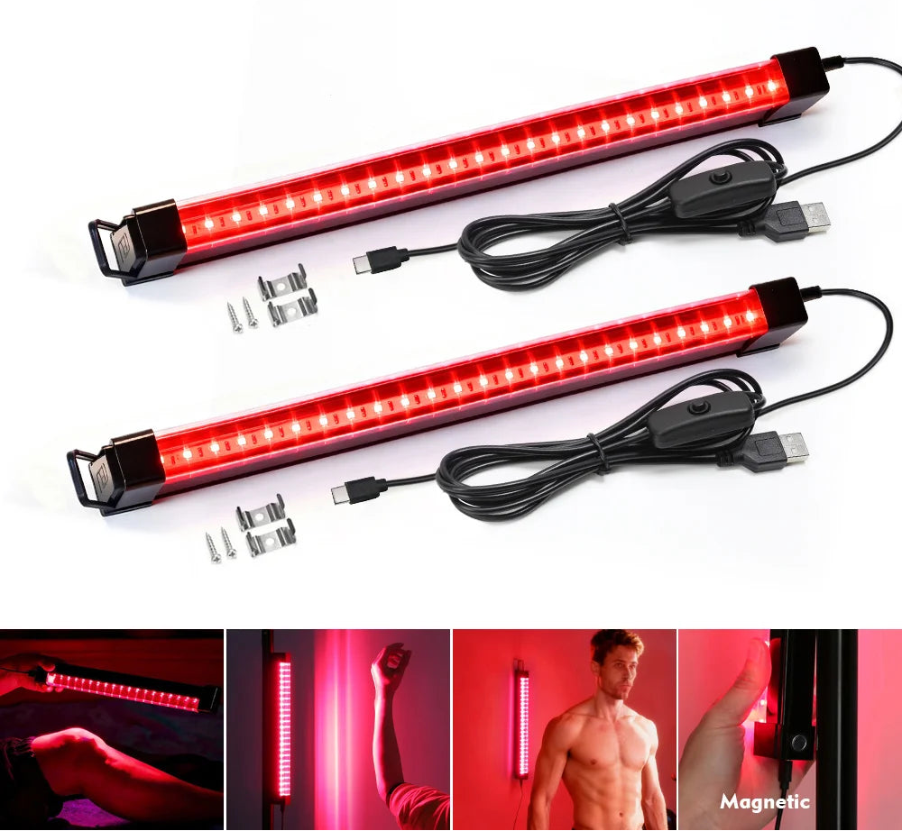Two red LED car light bars with black mounting brackets and USB charging cables, shown on a white background with small hardware pieces. A YNL logo appears in the top left, and four small inset photos at the bottom demonstrate the light bars in use on a car and on a person's arm.