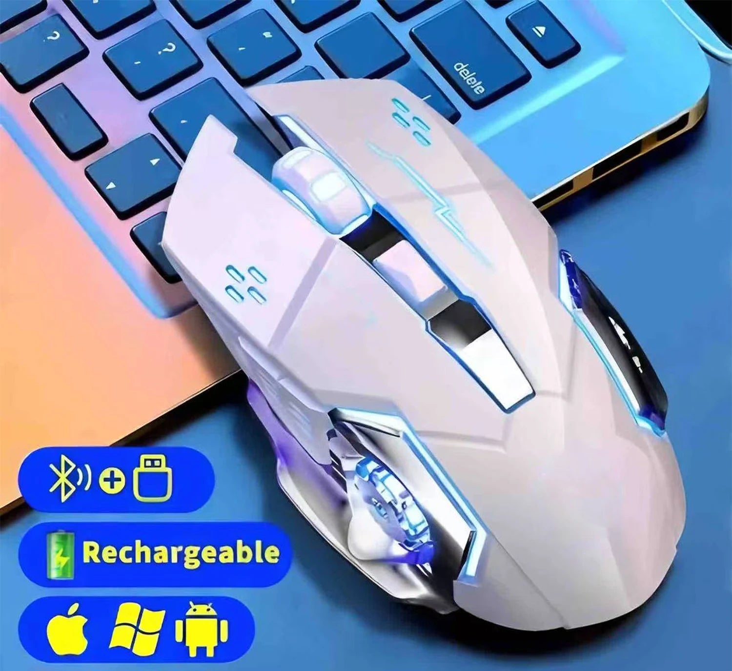 Gaming mouse with RGB lighting on a keyboard, featuring rechargeable and Bluetooth connectivity.