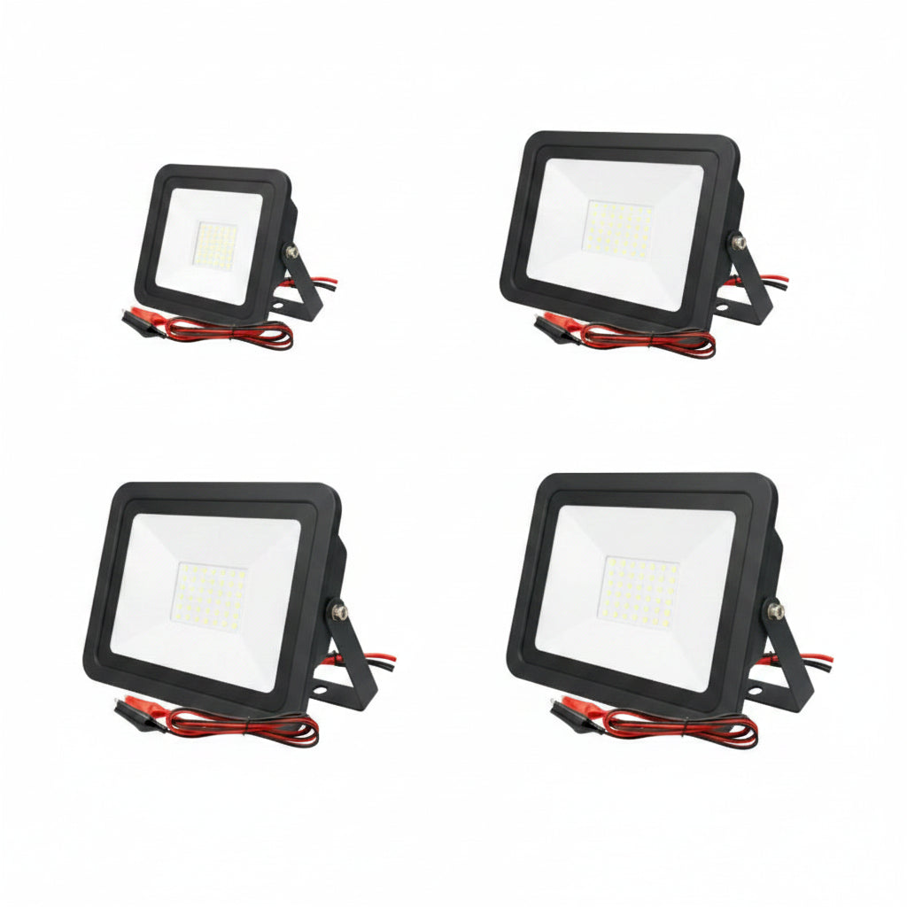 Four LED flood lights with dimensions and wattage labels on a white background