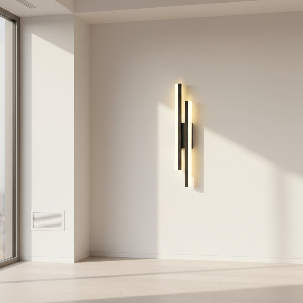 Modern wall lamp with black and white design on a light gray background