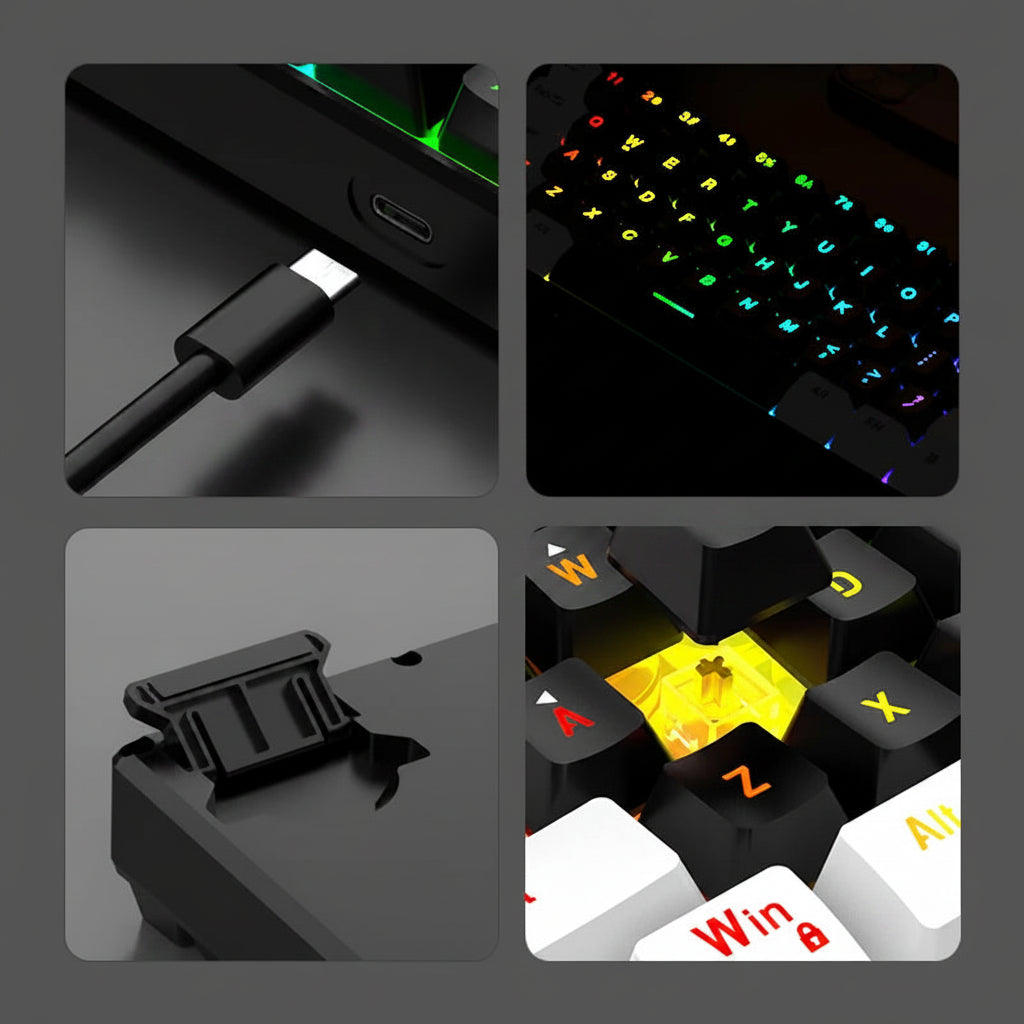 Collage of a keyboard with keyline separation, cool lighting effects, a clip, and a unique key design.