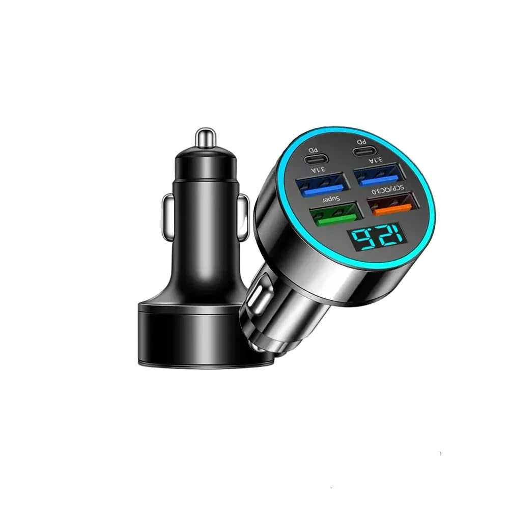 Car charger with digital display and protection icons on a white background
