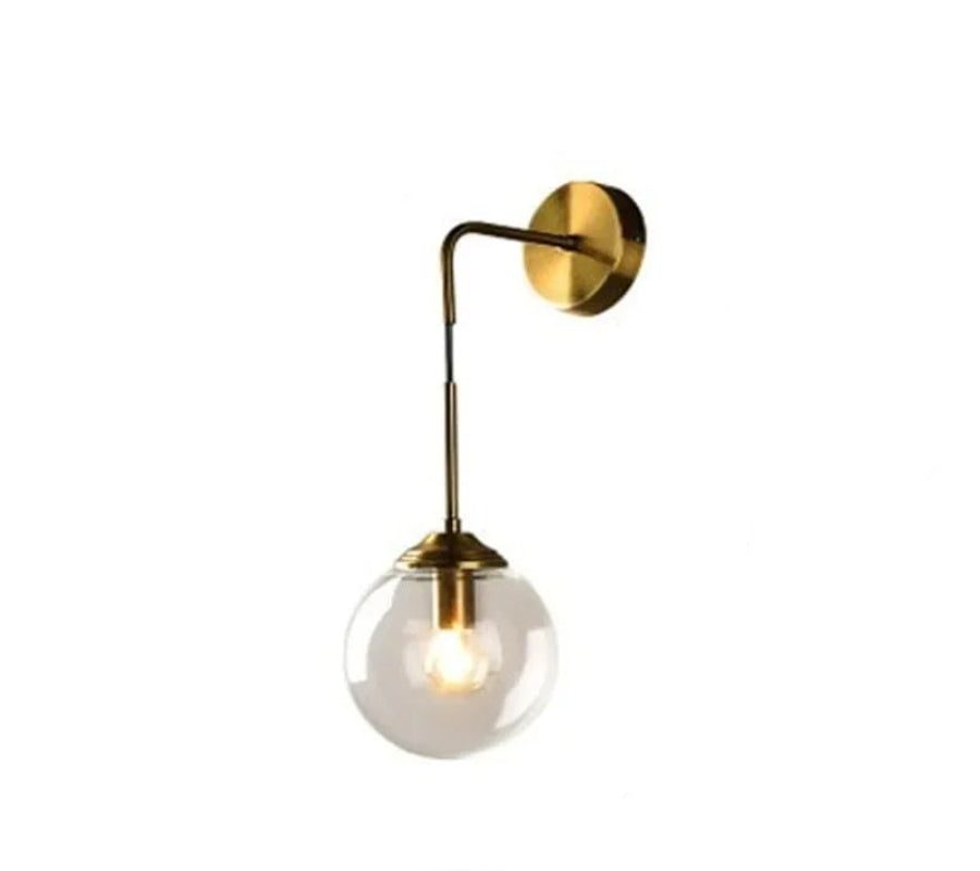 Wall-mounted lamp with adjustable arm and transparent glass shade, labeled 'Transparent' and '50cm adjustable'.