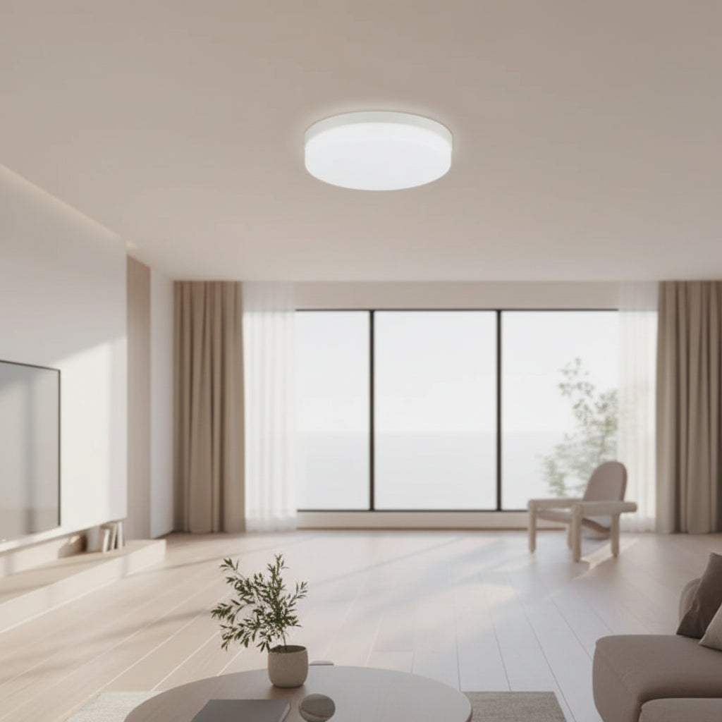 Ceiling light fixture with dimensions and color temperature options in a room setting.