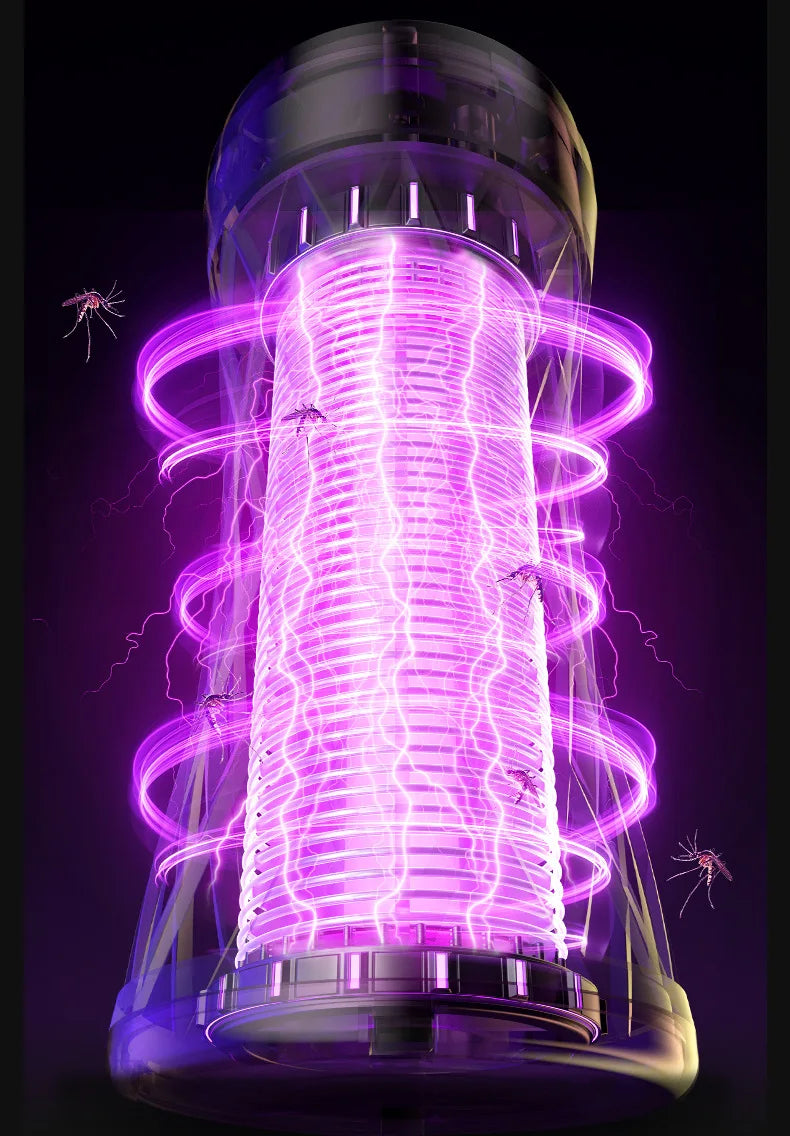 Electrostatic fly killer with purple light effect on a dark background