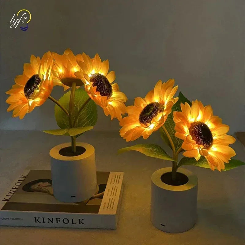 Sunflower night light on bedside table – USB rechargeable LED lamp bedroom decoration