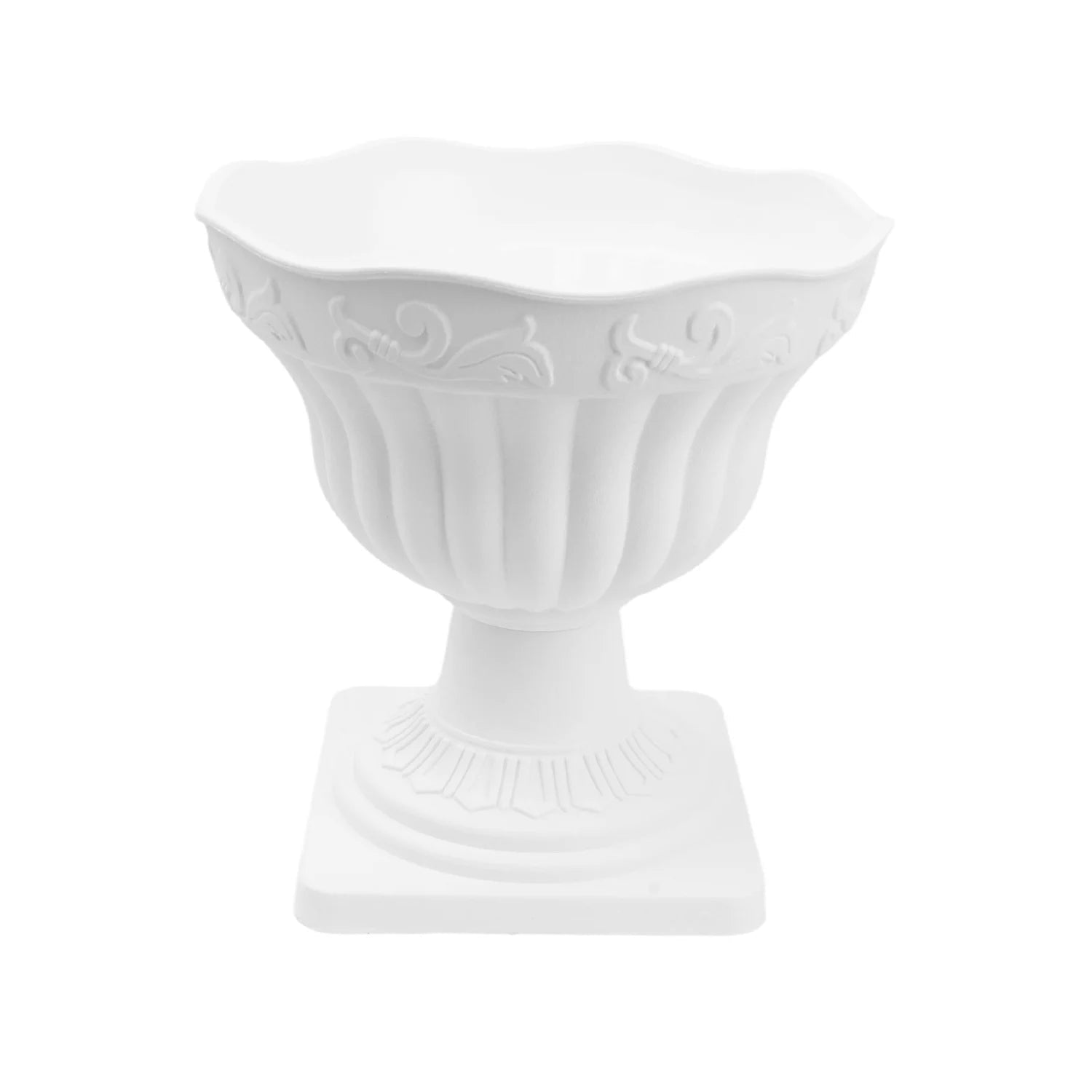 White pedestal planter with decorative embossed scrollwork,