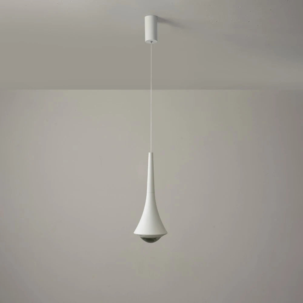 White pendant light hanging from a ceiling against a plain background