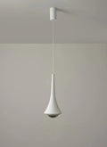 White pendant light hanging from a ceiling against a plain background