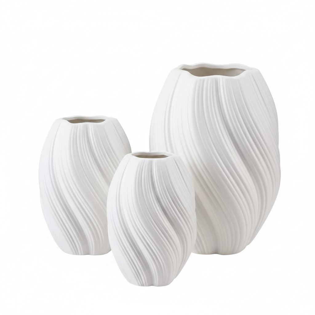 White textured vase with dimensions labeled on a white background