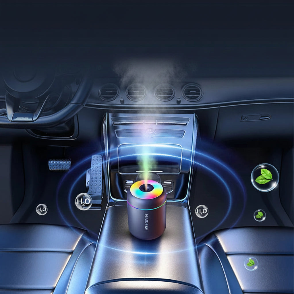 Car humidifier with 360-degree cyclic humidification technology in a car's cup holder.
