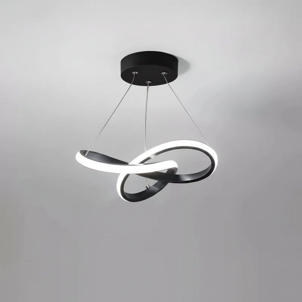 Modern pendant light with dimensions and specifications on a gray background
