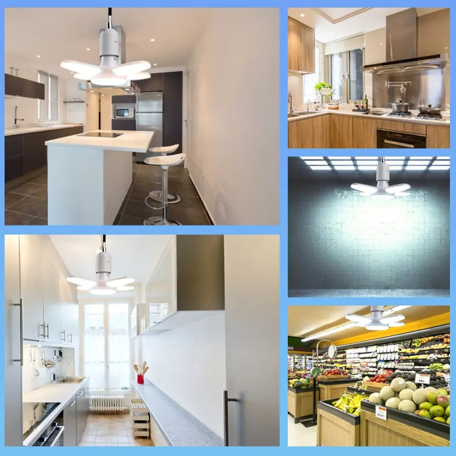Collage of kitchen scenes with a focus on ceiling lights.