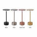 Four cylindrical lamps in different colors with dimensions and features listed.