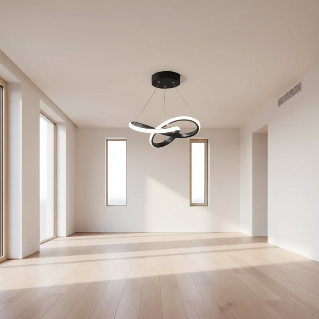Modern pendant light with adjustable dimensions on a gray background