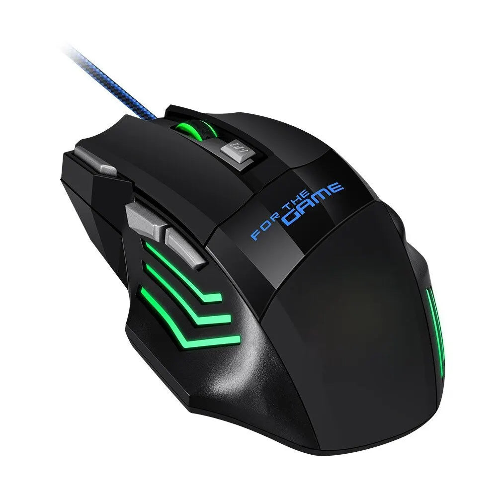Gaming mouse with green and blue lighting on a white background