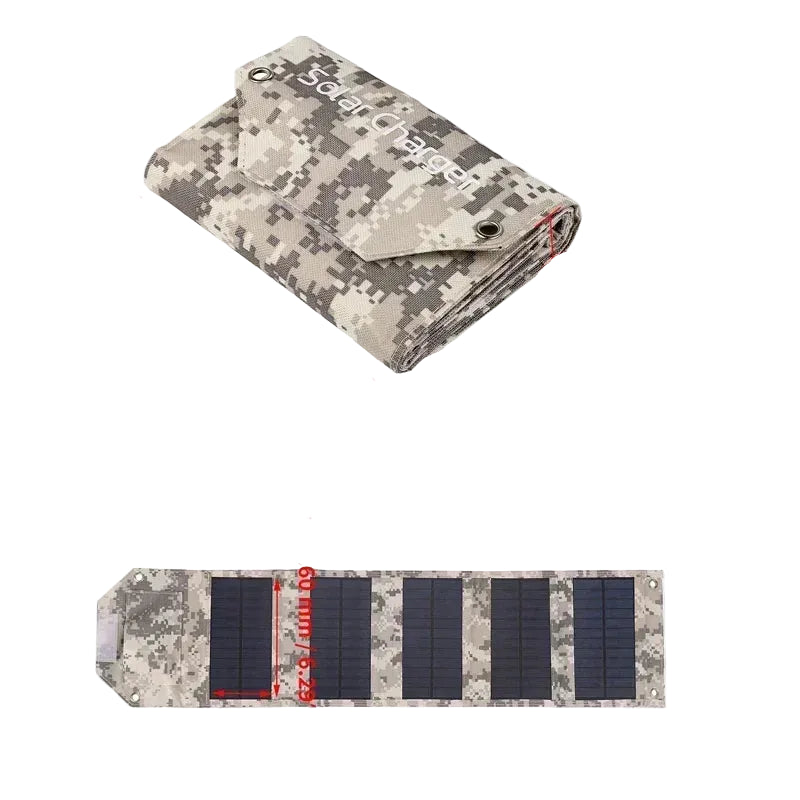 Camouflage solar charger with dimensions labeled on a white background