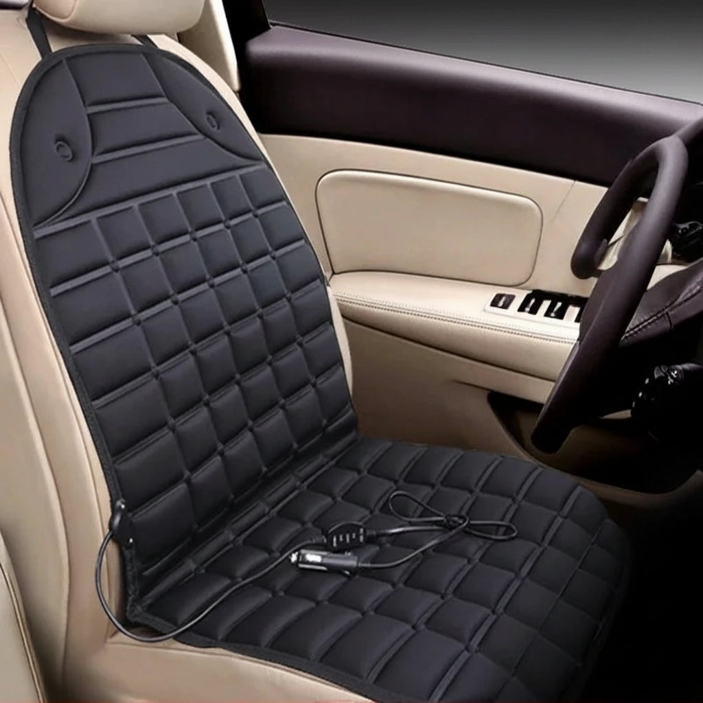Black car seat cover with heating function on a beige car seat