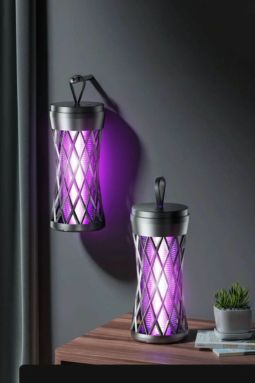 Two vertical mosquito lamps with a dark gray background and text about new generation mosquito killer.