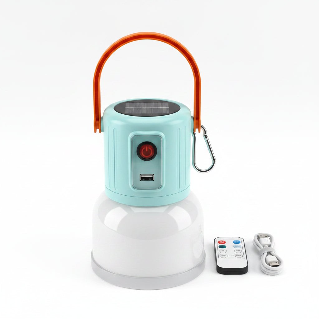 Solar-powered camping lantern with remote control and charging cables on a white background, featuring the E-Smarter brand.