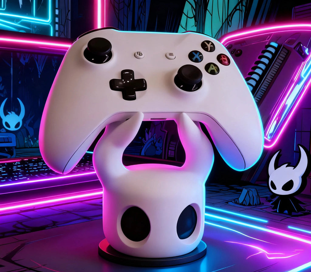 White game controller on a stand with a futuristic background featuring neon lights and a character statue.