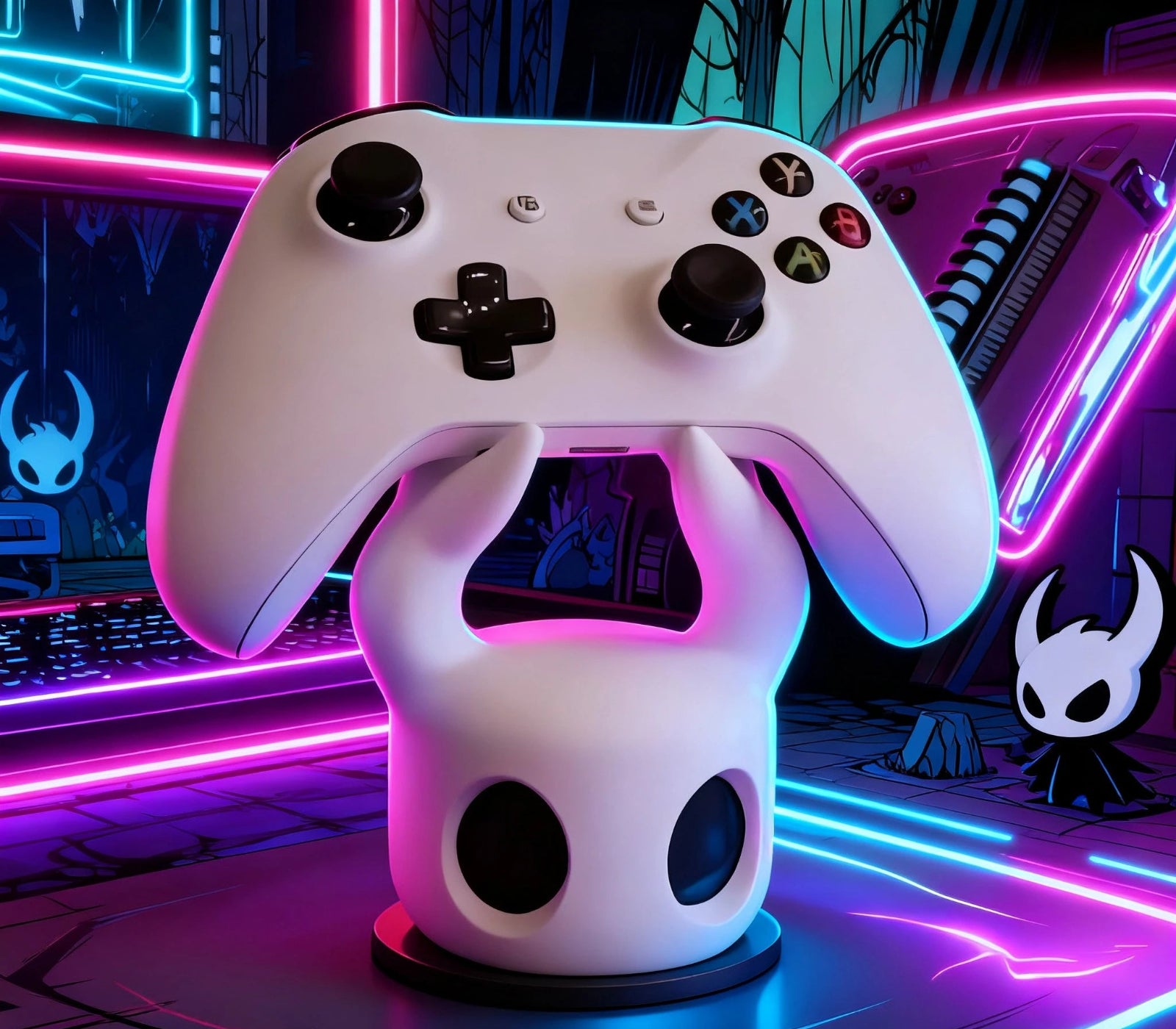 White game controller on a stand with a futuristic background featuring neon lights and a character statue.