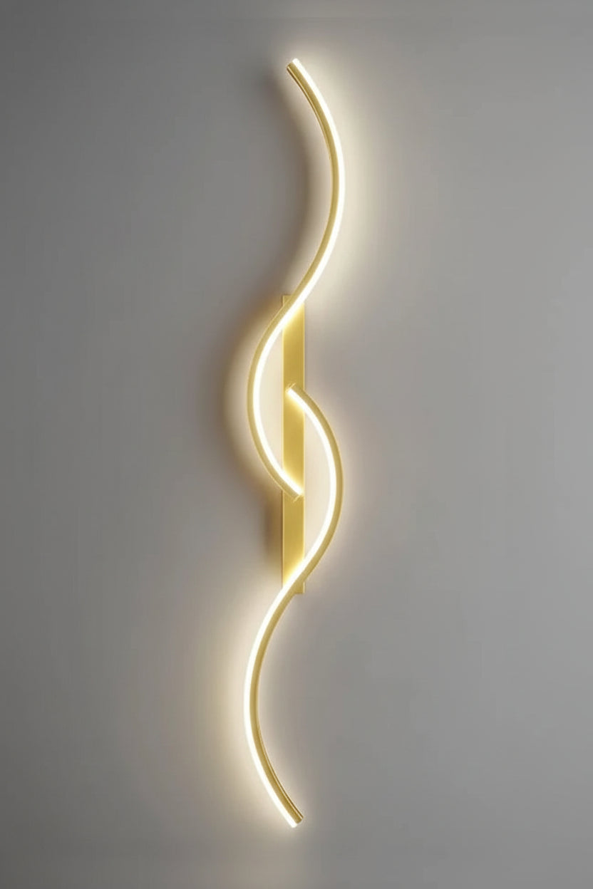 Gold wall light fixture with dimensions and specifications on a gray background