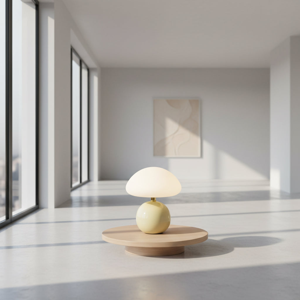 Table lamp with measurements and material labels on a light background